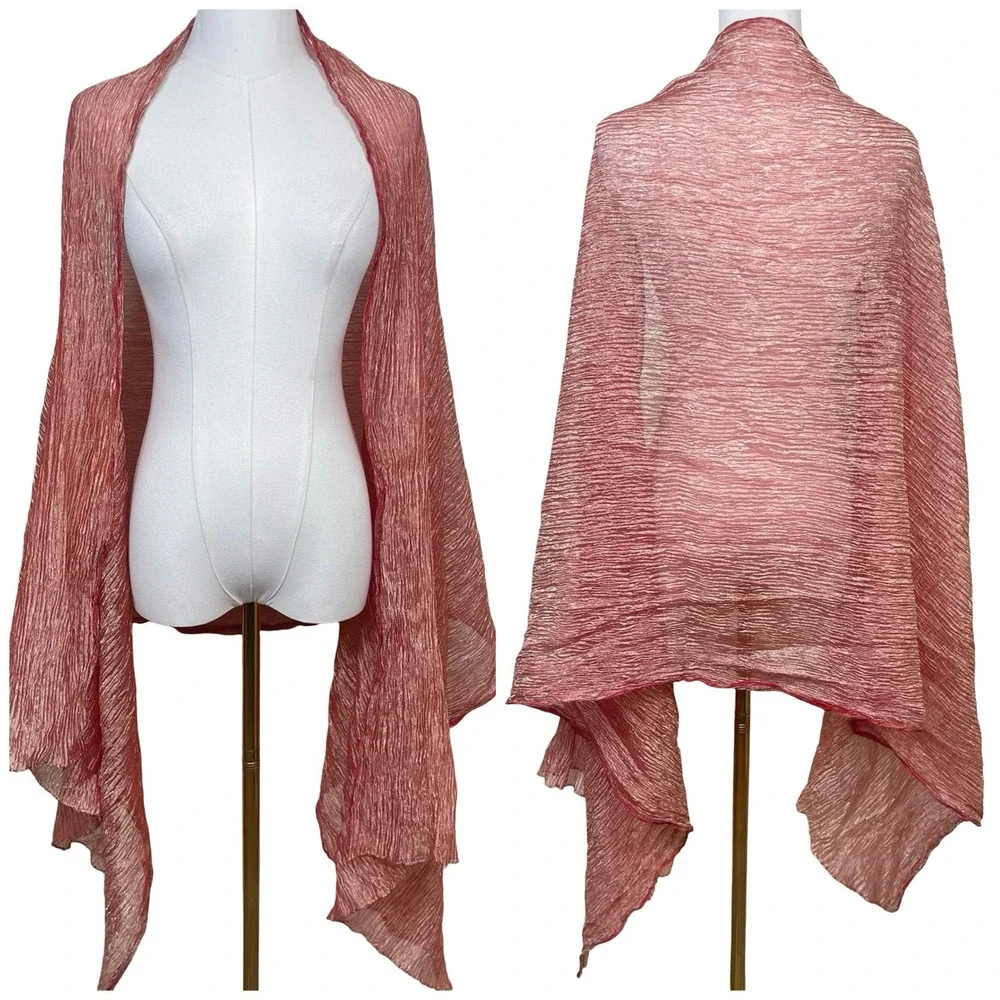 Vintage Crinkle Metallic Shimmer Scarf Wrap Women Red Pink Sheer Elegant Shawl